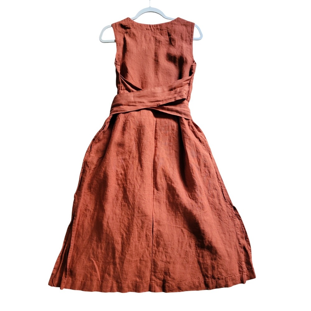 menique 100% Linen Hailey Sleeveless Obi Wrap Midi Dress Belted Red Small Pocket - Picture 10 of 15